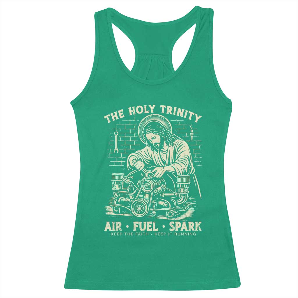 Funny Mechanic Jesus Holy Trinity Air Fuel Spark Vintage Racerback Tank Top Christian Car Lover Humor Gift for Gearheads