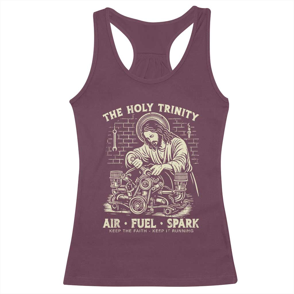 Funny Mechanic Jesus Holy Trinity Air Fuel Spark Vintage Racerback Tank Top Christian Car Lover Humor Gift for Gearheads
