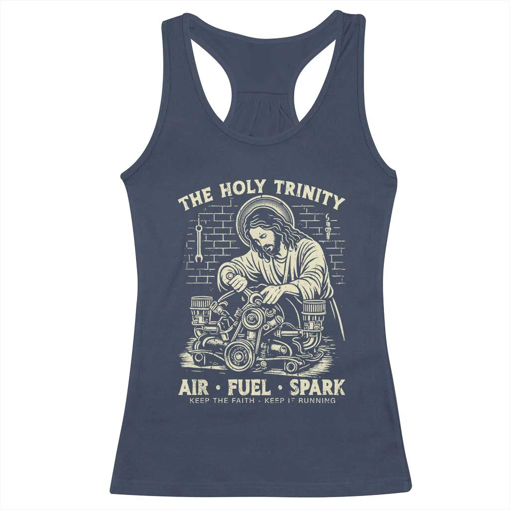 Funny Mechanic Jesus Holy Trinity Air Fuel Spark Vintage Racerback Tank Top Christian Car Lover Humor Gift for Gearheads