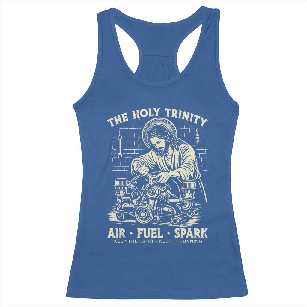 Funny Mechanic Jesus Holy Trinity Air Fuel Spark Vintage Racerback Tank Top Christian Car Lover Humor Gift for Gearheads