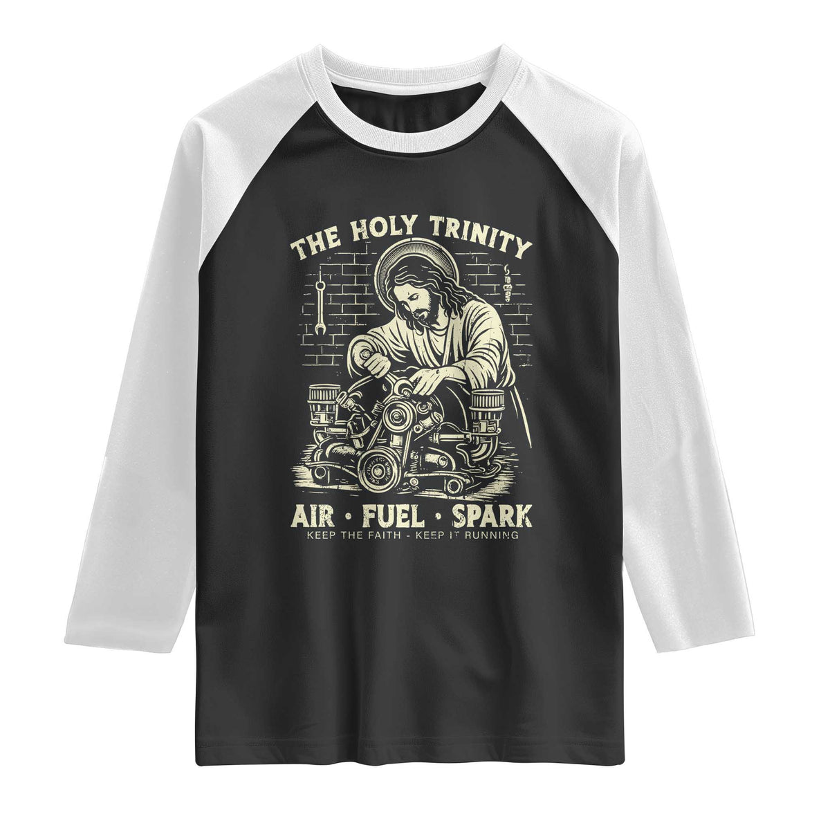 Funny Mechanic Jesus Holy Trinity Air Fuel Spark Vintage Raglan Shirt Christian Car Lover Humor Gift for Gearheads