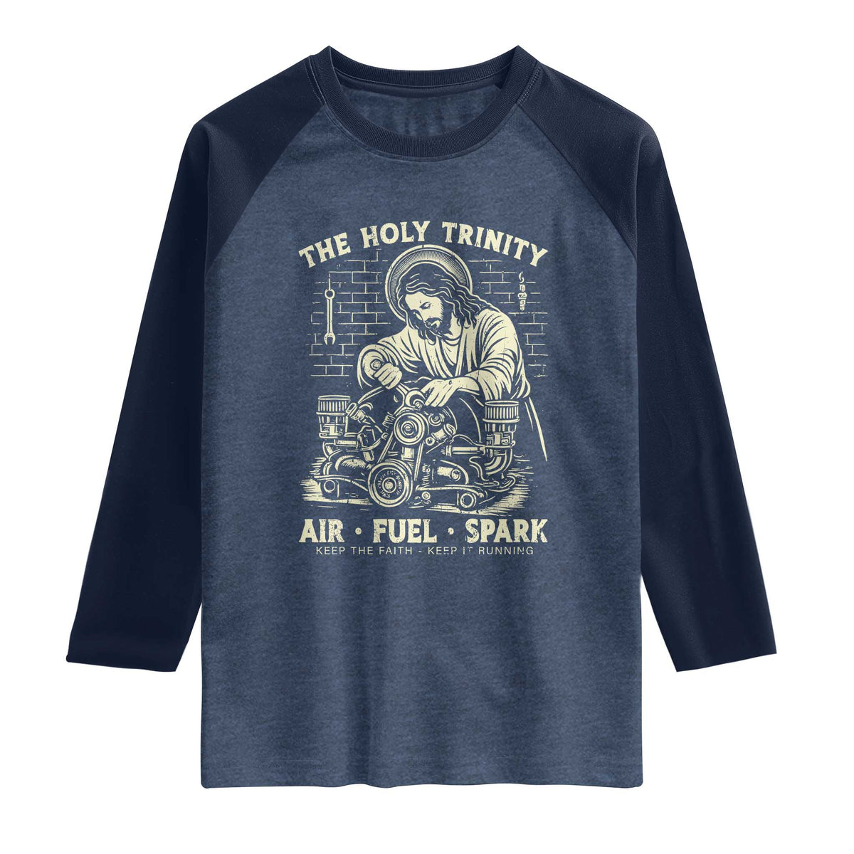 Funny Mechanic Jesus Holy Trinity Air Fuel Spark Vintage Raglan Shirt Christian Car Lover Humor Gift for Gearheads