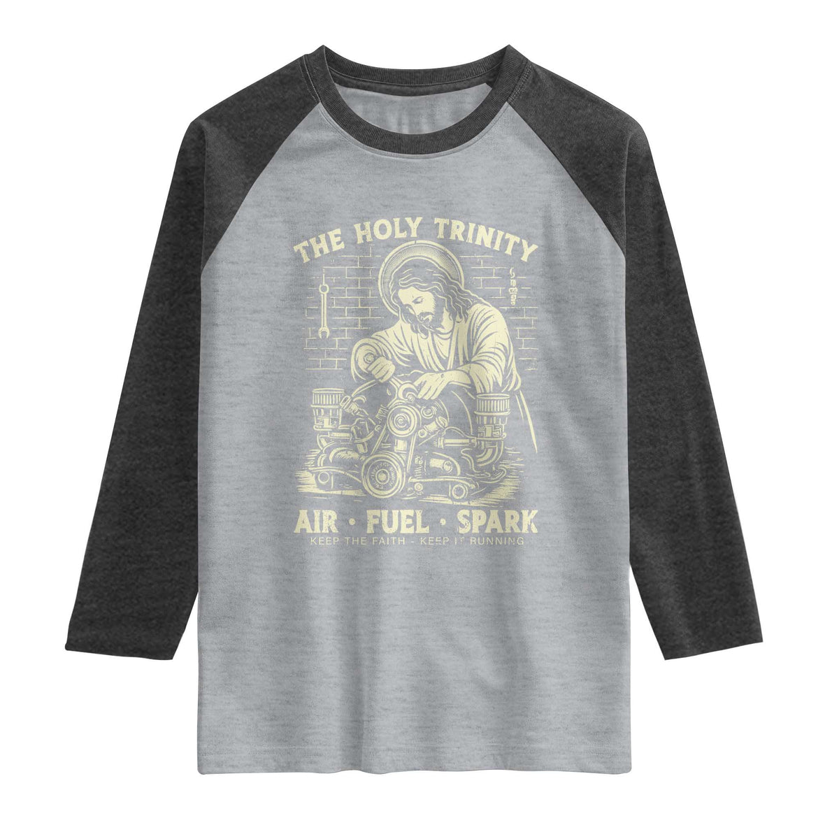 Funny Mechanic Jesus Holy Trinity Air Fuel Spark Vintage Raglan Shirt Christian Car Lover Humor Gift for Gearheads