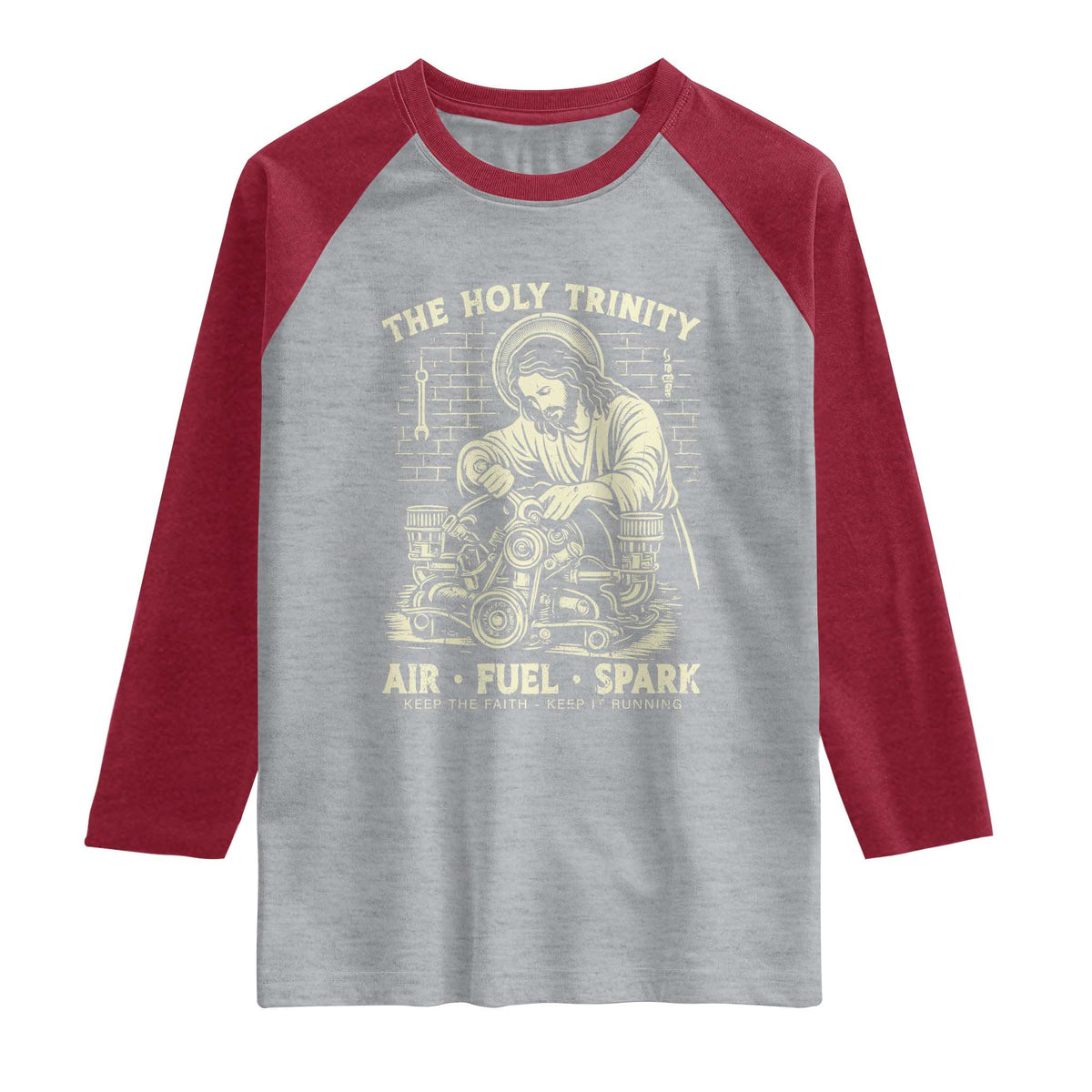 Funny Mechanic Jesus Holy Trinity Air Fuel Spark Vintage Raglan Shirt Christian Car Lover Humor Gift for Gearheads