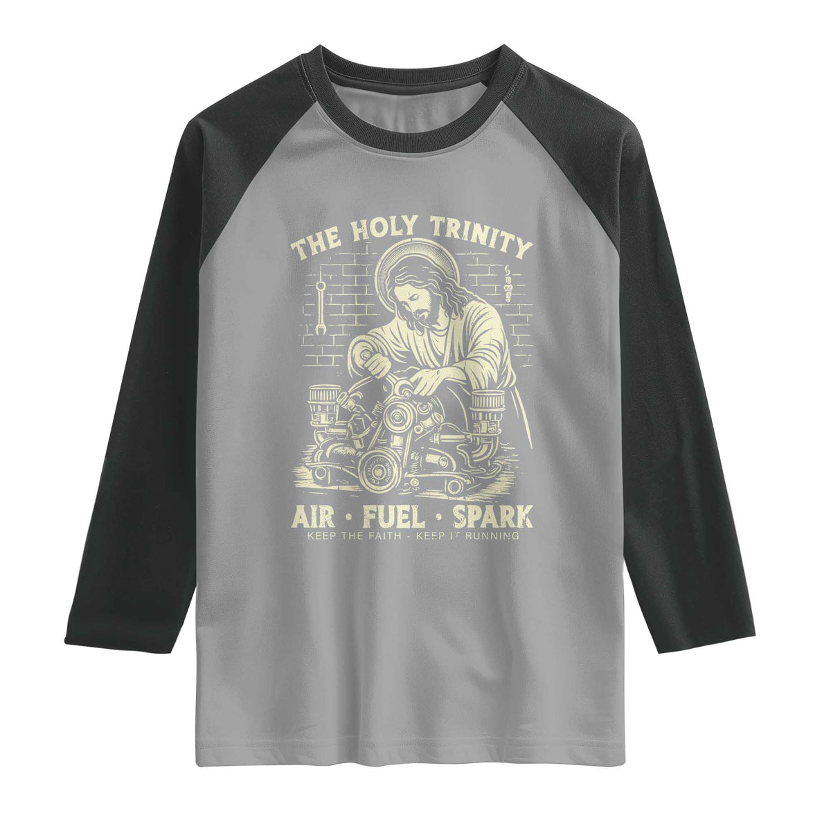 Funny Mechanic Jesus Holy Trinity Air Fuel Spark Vintage Raglan Shirt Christian Car Lover Humor Gift for Gearheads