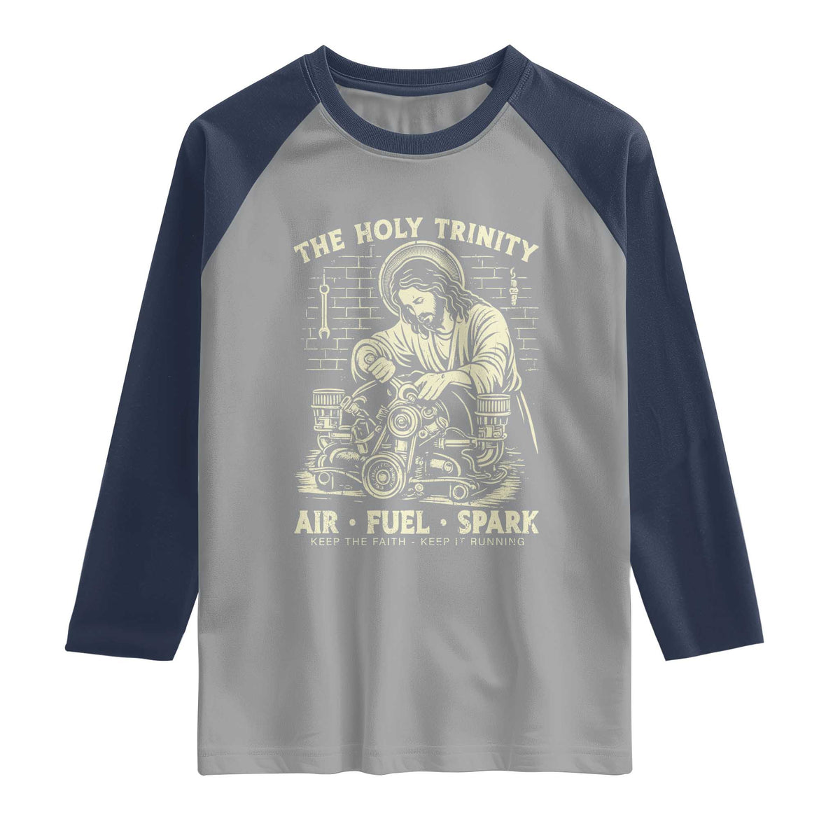 Funny Mechanic Jesus Holy Trinity Air Fuel Spark Vintage Raglan Shirt Christian Car Lover Humor Gift for Gearheads