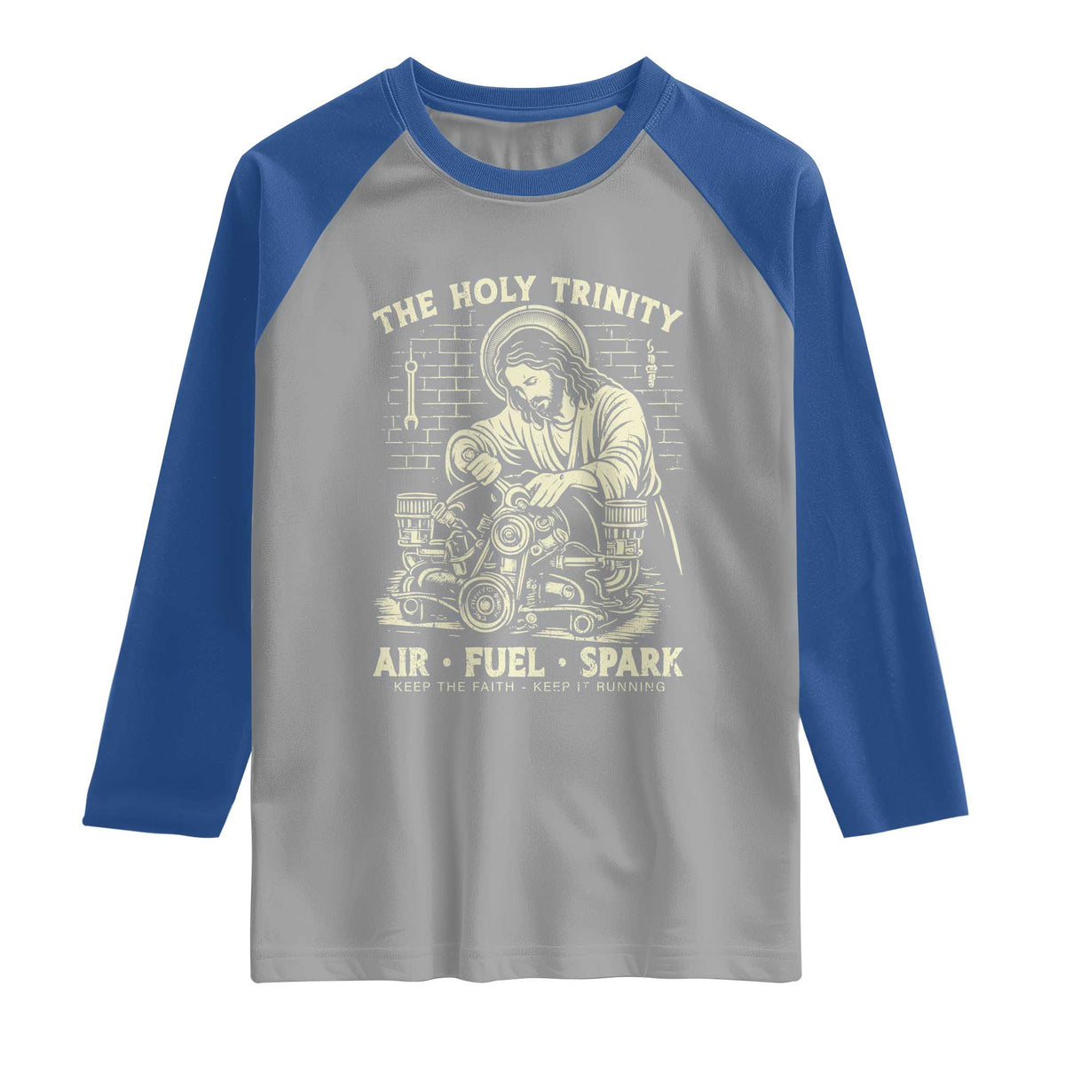 Funny Mechanic Jesus Holy Trinity Air Fuel Spark Vintage Raglan Shirt Christian Car Lover Humor Gift for Gearheads