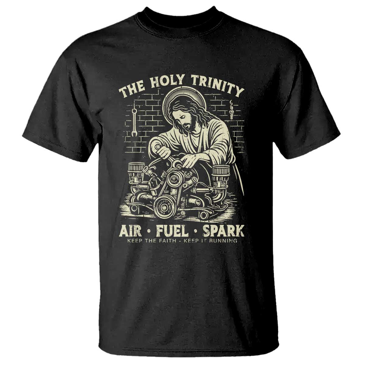 Funny Mechanic Jesus Holy Trinity Air Fuel Spark Vintage T Shirt Christian Car Lover Humor Gift for Gearheads
