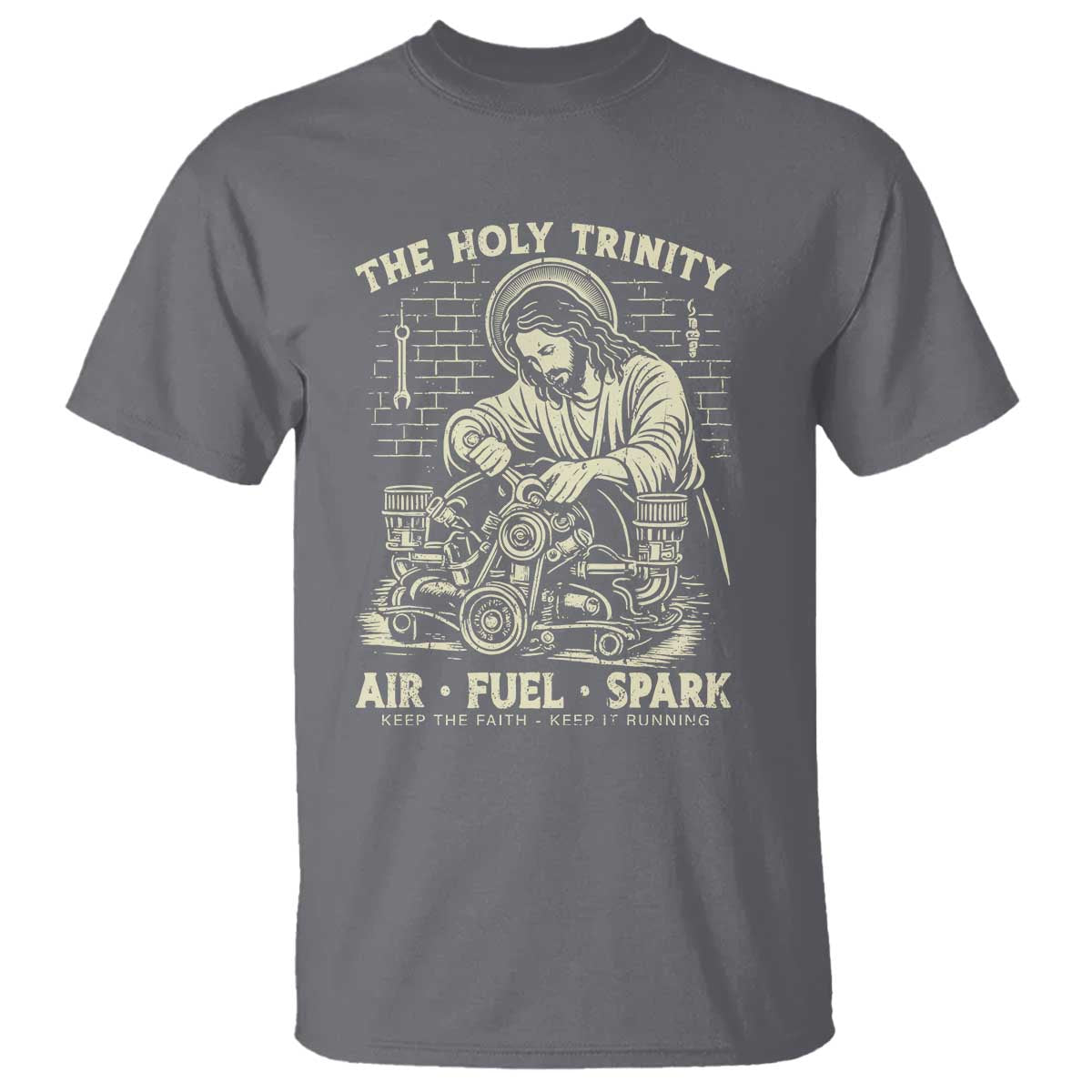 Funny Mechanic Jesus Holy Trinity Air Fuel Spark Vintage T Shirt Christian Car Lover Humor Gift for Gearheads
