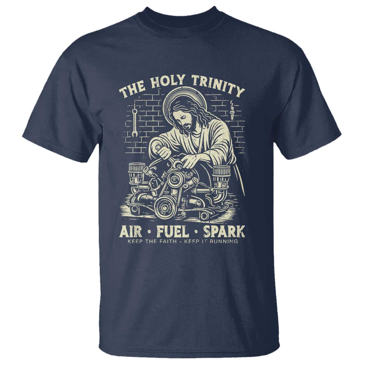 Funny Mechanic Jesus Holy Trinity Air Fuel Spark Vintage T Shirt Christian Car Lover Humor Gift for Gearheads