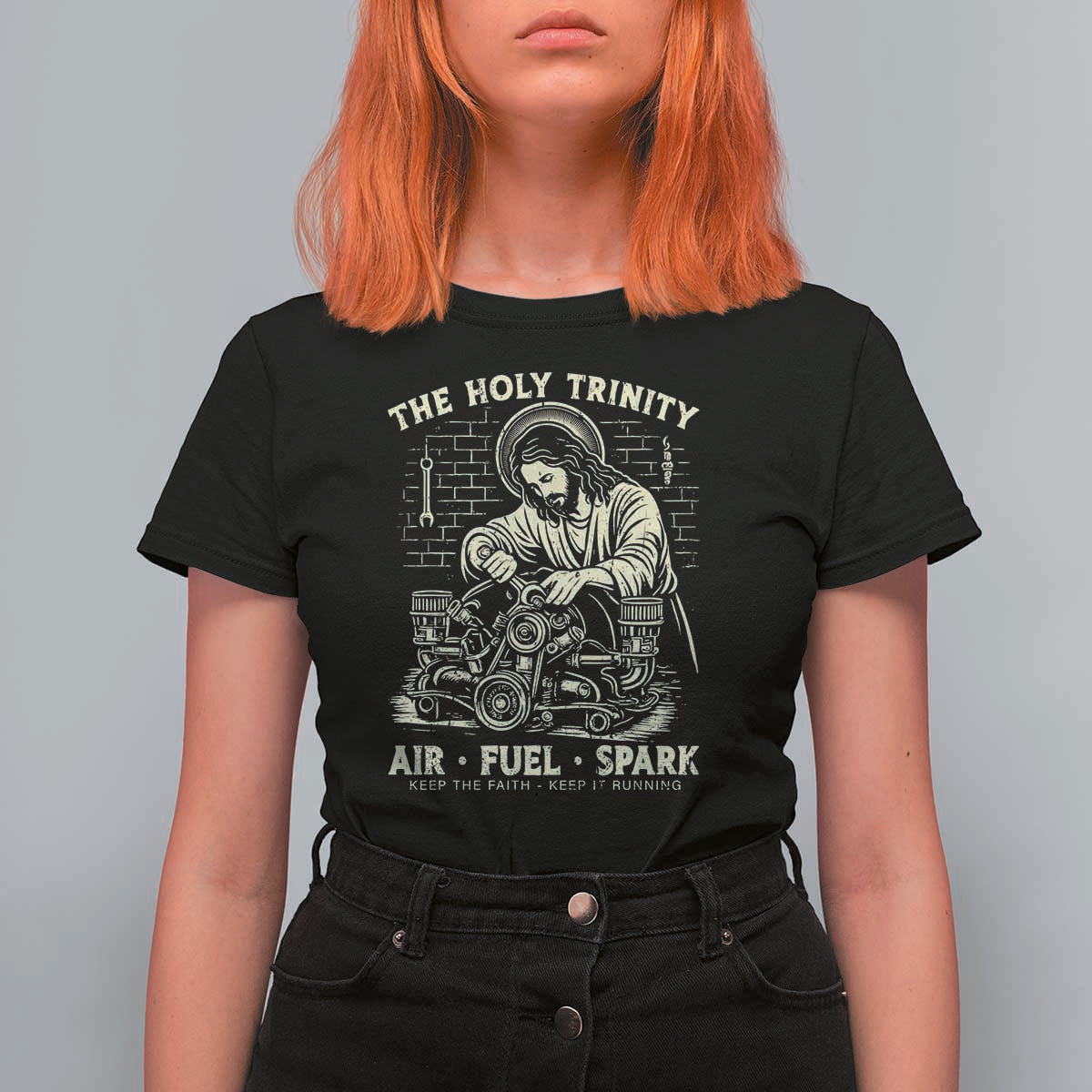 Funny Mechanic Jesus Holy Trinity Air Fuel Spark Vintage T Shirt For Women Christian Car Lover Humor Gift for Gearheads