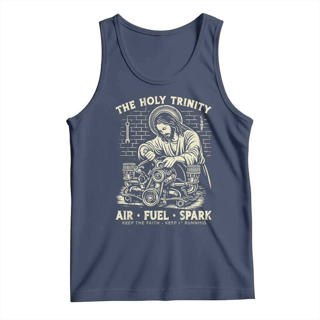 Funny Mechanic Jesus Holy Trinity Air Fuel Spark Vintage Tank Top Christian Car Lover Humor Gift for Gearheads