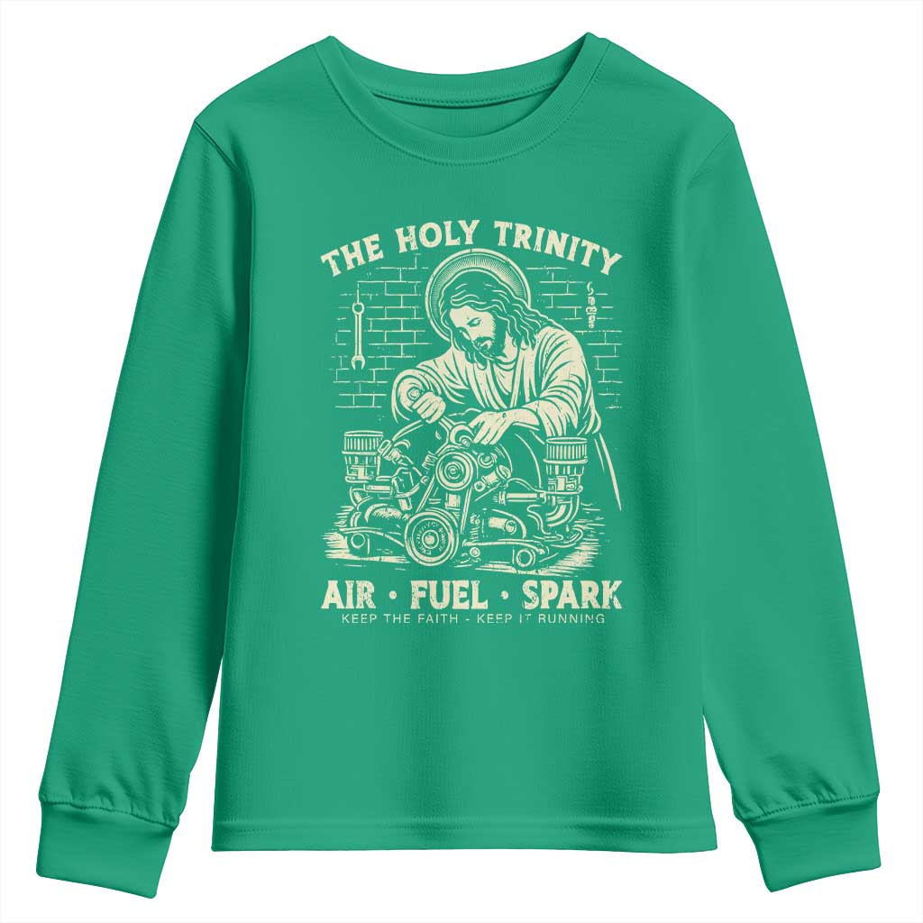 Funny Mechanic Jesus Holy Trinity Air Fuel Spark Vintage Youth Sweatshirt Christian Car Lover Humor Gift for Gearheads