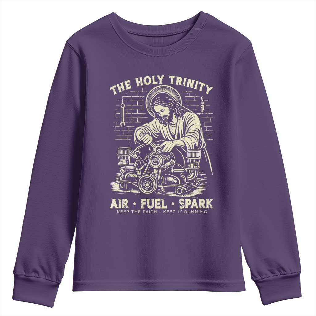 Funny Mechanic Jesus Holy Trinity Air Fuel Spark Vintage Youth Sweatshirt Christian Car Lover Humor Gift for Gearheads
