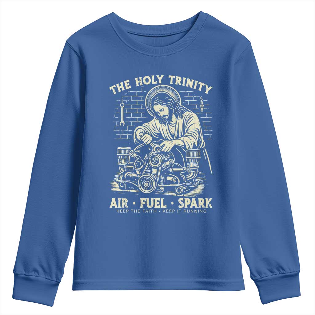 Funny Mechanic Jesus Holy Trinity Air Fuel Spark Vintage Youth Sweatshirt Christian Car Lover Humor Gift for Gearheads
