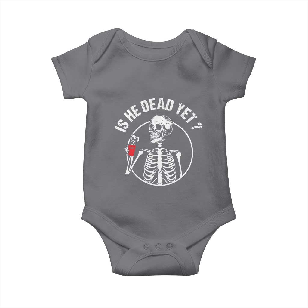 Is He Dead Yet Subtle FDT Baby Onesie Funny Skeleton Drinking Coffee