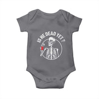 Is He Dead Yet Subtle FDT Baby Onesie Funny Skeleton Drinking Coffee