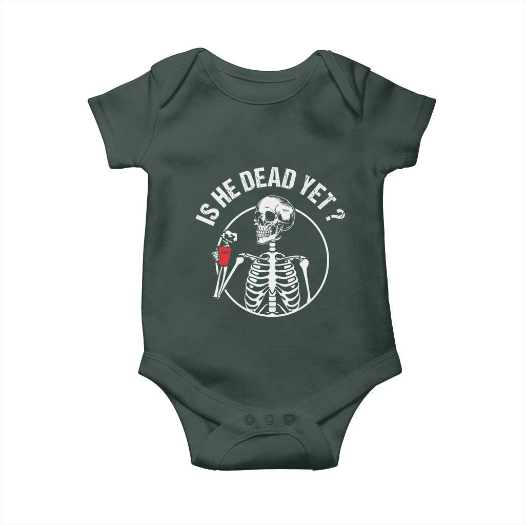 Is He Dead Yet Subtle FDT Baby Onesie Funny Skeleton Drinking Coffee