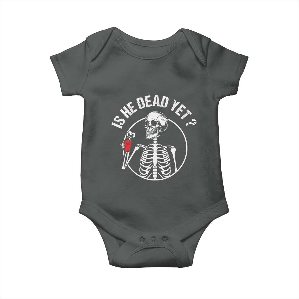 Is He Dead Yet Subtle FDT Baby Onesie Funny Skeleton Drinking Coffee