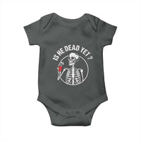 Is He Dead Yet Subtle FDT Baby Onesie Funny Skeleton Drinking Coffee