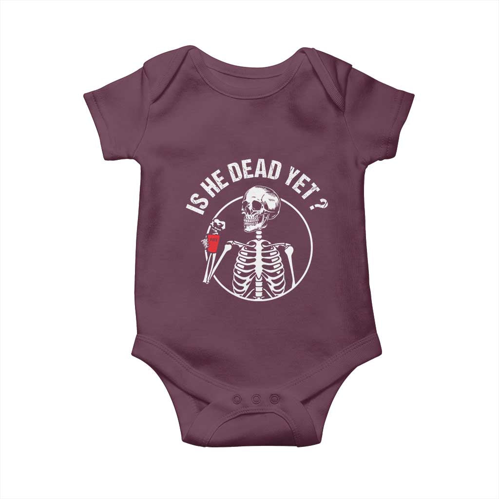 Is He Dead Yet Subtle FDT Baby Onesie Funny Skeleton Drinking Coffee