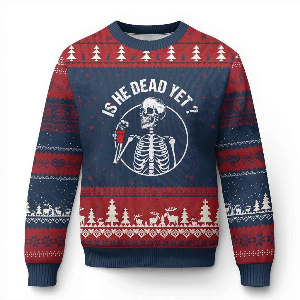 Is He Dead Yet Subtle FDT Ugly Christmas Sweater Funny Skeleton Drinking Coffee - Wonder Print Shop