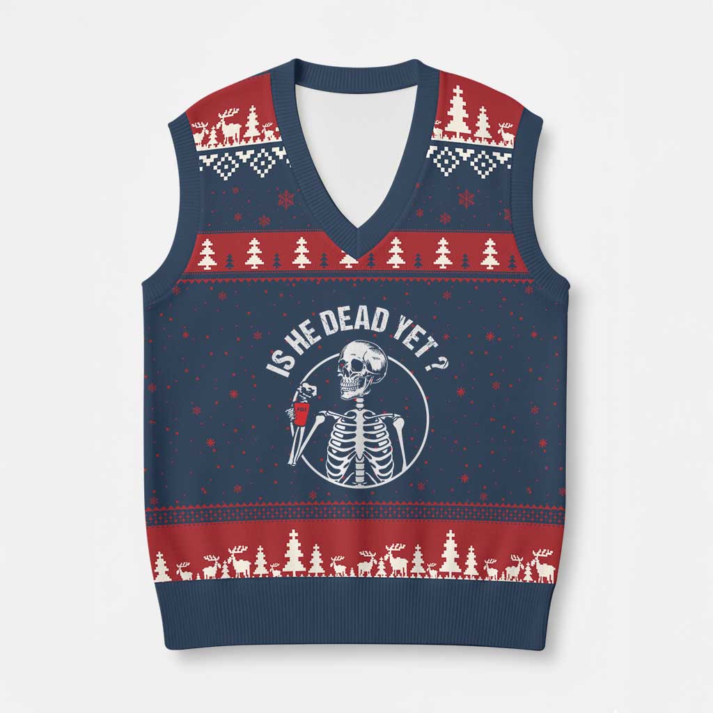 Is He Dead Yet Subtle FDT V-Neck Knit Sweater Vest Funny Skeleton Drinking Coffee - Wonder Print Shop