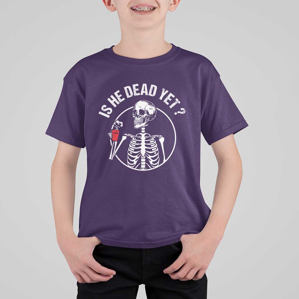 Is He Dead Yet Subtle FDT T Shirt For Kid Funny Skeleton Drinking Coffee