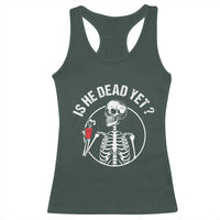 Is He Dead Yet Subtle FDT Racerback Tank Top Funny Skeleton Drinking Coffee