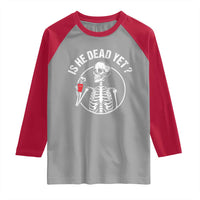 Is He Dead Yet Subtle FDT Raglan Shirt Funny Skeleton Drinking Coffee