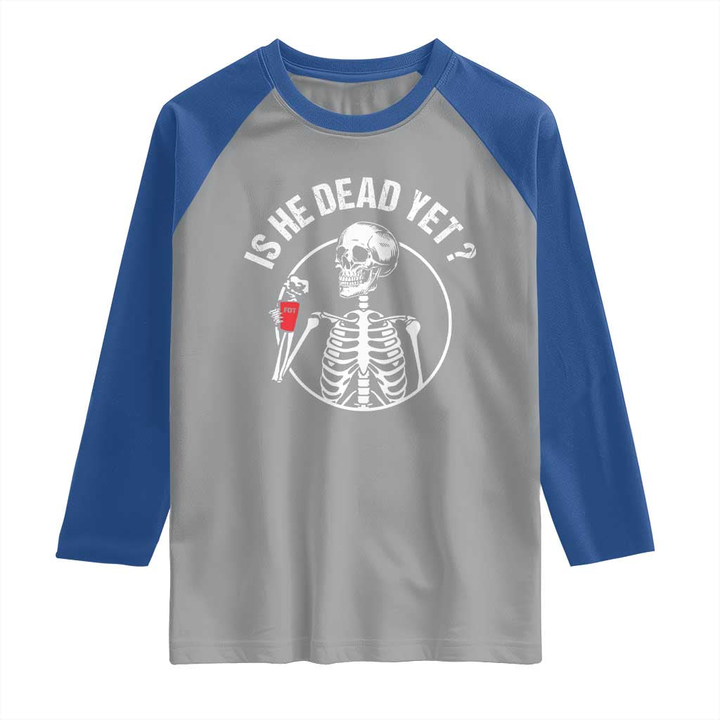 Is He Dead Yet Subtle FDT Raglan Shirt Funny Skeleton Drinking Coffee