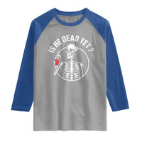 Is He Dead Yet Subtle FDT Raglan Shirt Funny Skeleton Drinking Coffee
