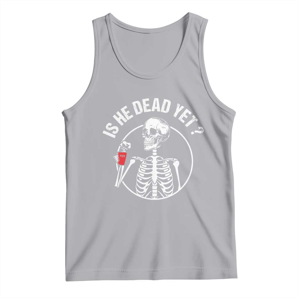 Is He Dead Yet Subtle FDT Tank Top Funny Skeleton Drinking Coffee