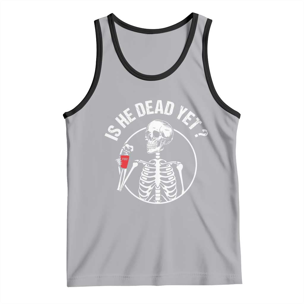 Is He Dead Yet Subtle FDT Tank Top Funny Skeleton Drinking Coffee