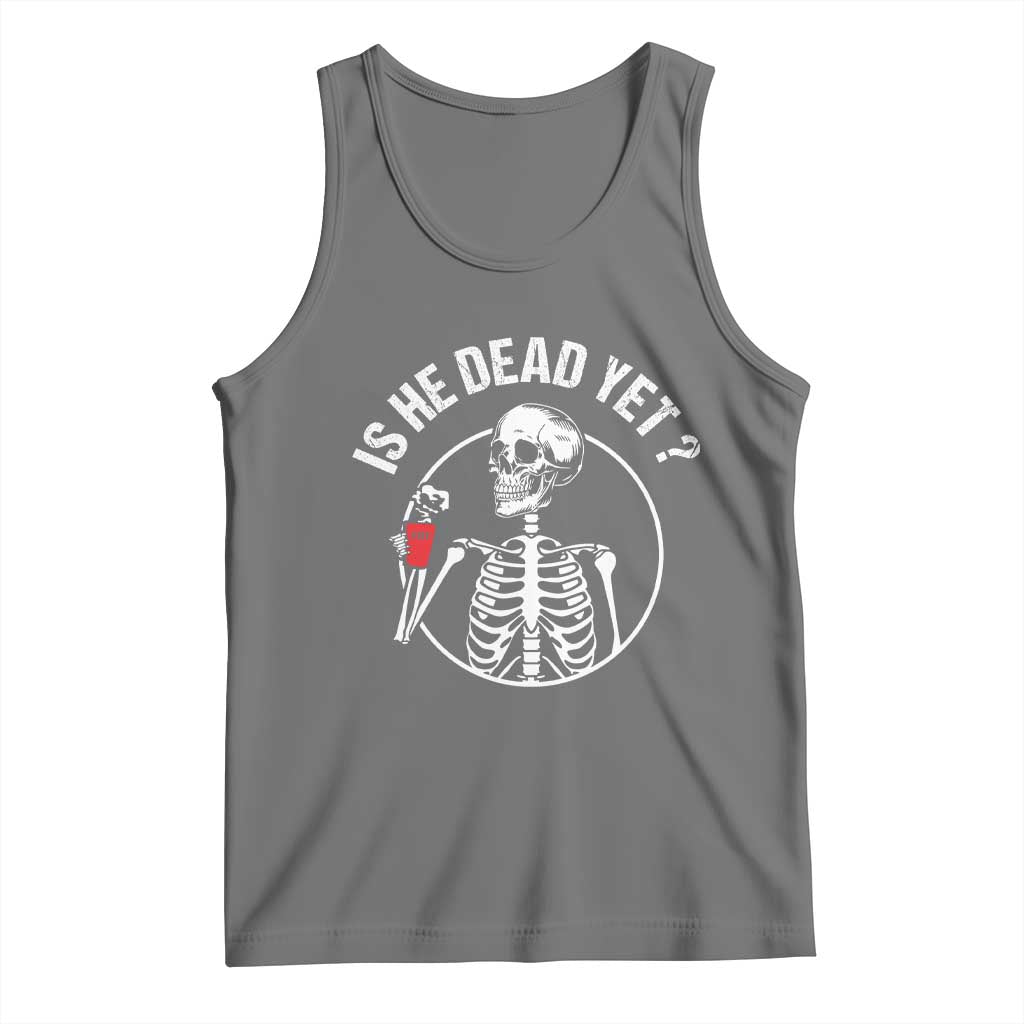 Is He Dead Yet Subtle FDT Tank Top Funny Skeleton Drinking Coffee