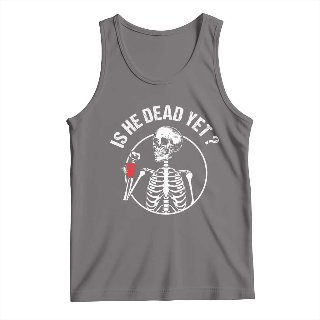 Is He Dead Yet Subtle FDT Tank Top Funny Skeleton Drinking Coffee