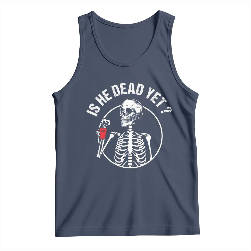 Is He Dead Yet Subtle FDT Tank Top Funny Skeleton Drinking Coffee