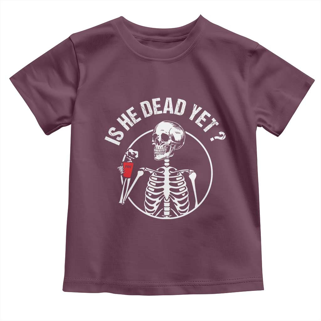 Is He Dead Yet Subtle FDT Toddler T Shirt Funny Skeleton Drinking Coffee