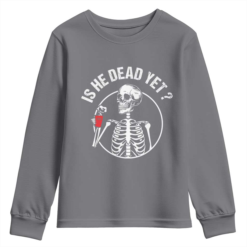 Is He Dead Yet Subtle FDT Youth Sweatshirt Funny Skeleton Drinking Coffee