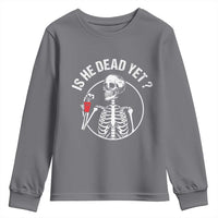 Is He Dead Yet Subtle FDT Youth Sweatshirt Funny Skeleton Drinking Coffee