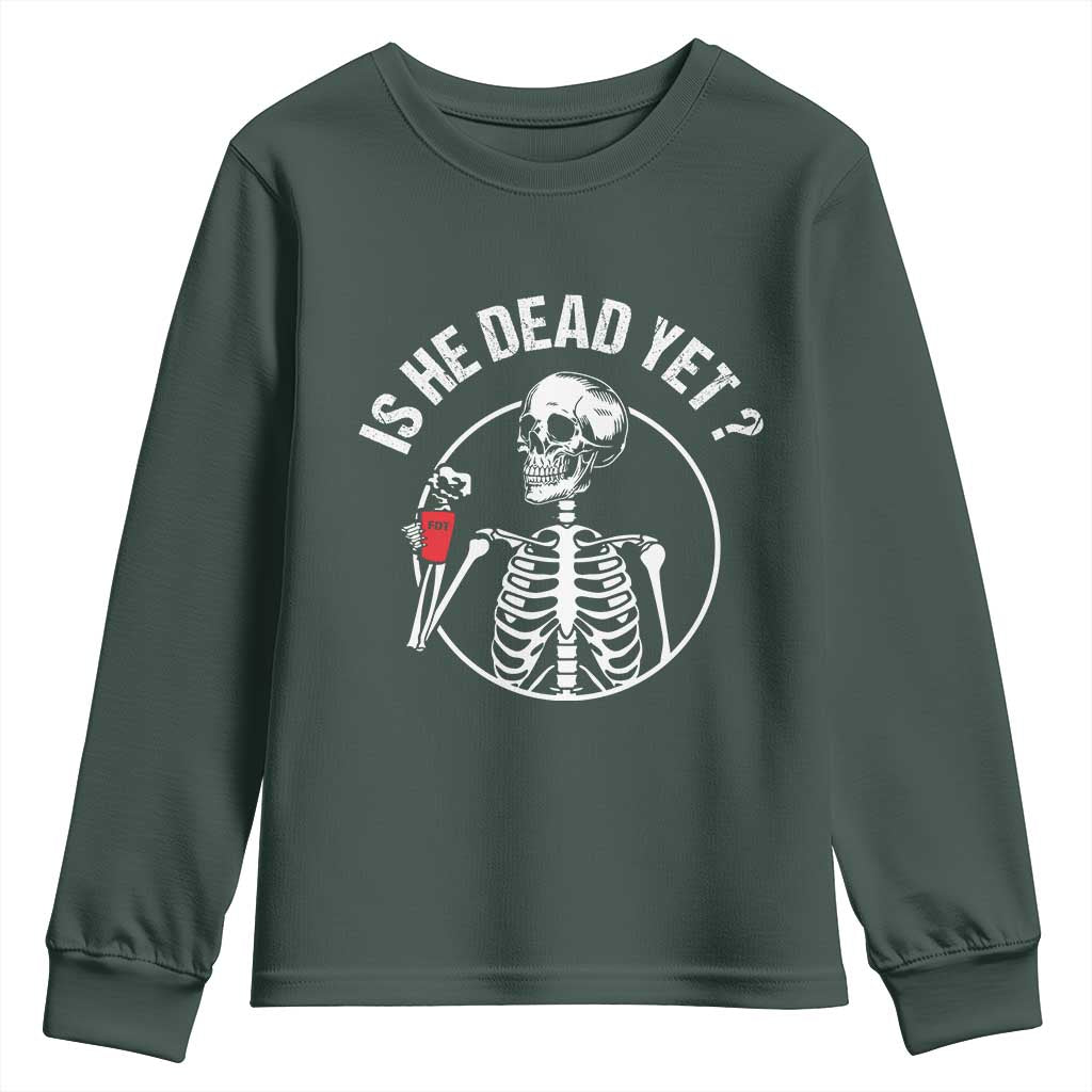 Is He Dead Yet Subtle FDT Youth Sweatshirt Funny Skeleton Drinking Coffee
