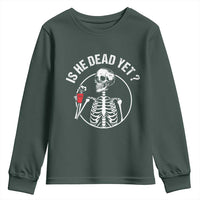 Is He Dead Yet Subtle FDT Youth Sweatshirt Funny Skeleton Drinking Coffee