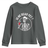 Is He Dead Yet Subtle FDT Youth Sweatshirt Funny Skeleton Drinking Coffee