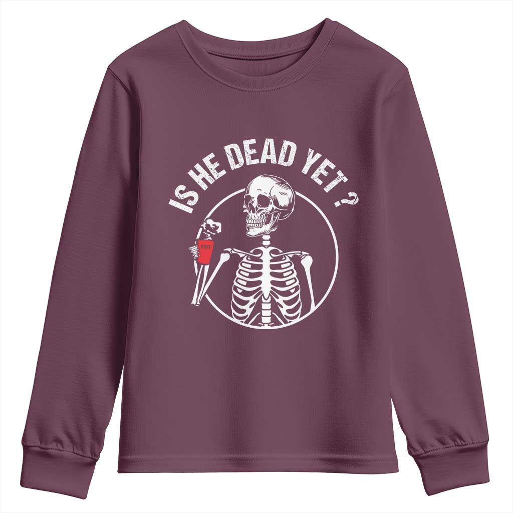 Is He Dead Yet Subtle FDT Youth Sweatshirt Funny Skeleton Drinking Coffee