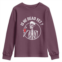 Is He Dead Yet Subtle FDT Youth Sweatshirt Funny Skeleton Drinking Coffee