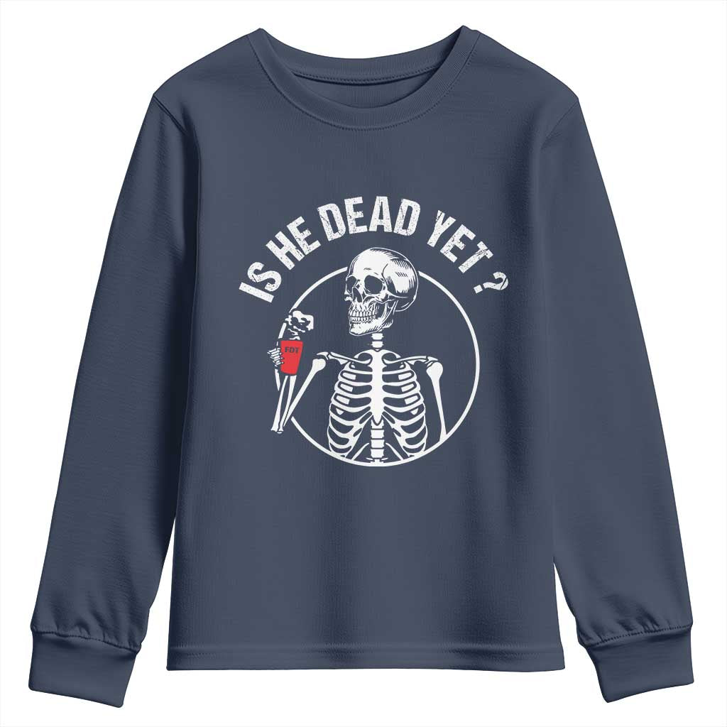 Is He Dead Yet Subtle FDT Youth Sweatshirt Funny Skeleton Drinking Coffee