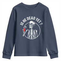 Is He Dead Yet Subtle FDT Youth Sweatshirt Funny Skeleton Drinking Coffee