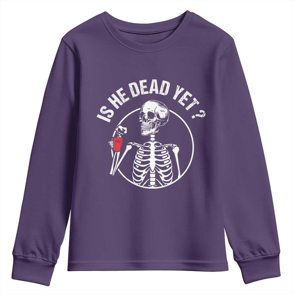 Is He Dead Yet Subtle FDT Youth Sweatshirt Funny Skeleton Drinking Coffee
