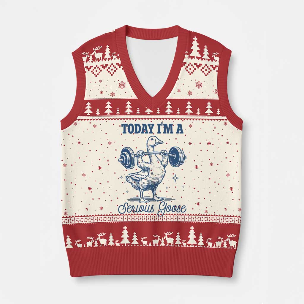 Funny Workout Silly Goose V-Neck Knit Sweater Vest Today I'm A Serious Goose Lifting Weights Gym - Wonder Print Shop