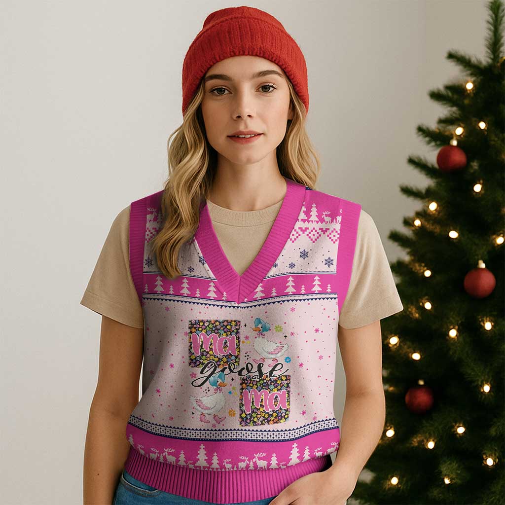 Floral Mama Goose V-Neck Knit Sweater Vest Coquette Vintage Aesthetic Geese Mom Mothers Day - Wonder Print Shop